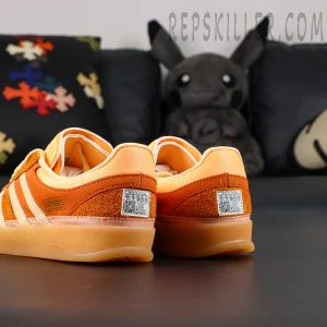 Rear angle highlighting the heel tabs and product label on the Bad Bunny x Gazelle Indoor ‘Santurce’.