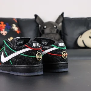 Bronx Girls Skate x Dunk Low SB ‘Mel & Kava’ back view of the pair featuring embroidered branding and dual NY charms