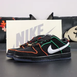 Bronx Girls Skate x Dunk Low SB ‘Mel & Kava’ side profile with white Swoosh and black stingray-textured upper