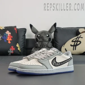 Dior x Air Jordan 1 Low side profile with classic grey leather overlays and Dior Oblique Swoosh