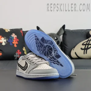 Dior x Air Jordan 1 Low outsole view featuring translucent blue sole with oversized Dior Wings logo