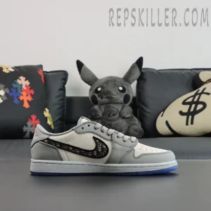 Dior x Air Jordan 1 Low medial side view displaying iconic Dior monogram Swoosh against cream leather base