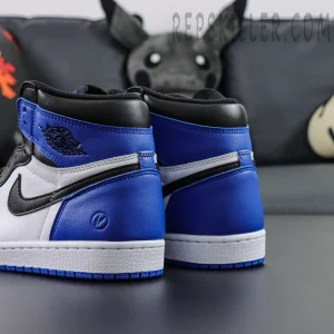 Rear angled view of Fragment Design x Air Jordan 1 Retro High OG showing heel details and lightning logo