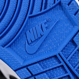 Close-up of blue rubber outsole with Nike branding on Fragment Design x Air Jordan 1 Retro High OG