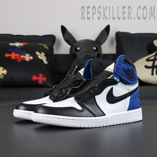 Fragment Design x Union LA x Air Jordan 1 Retro High OG ‘Sport Royal’ angled view showing shape and overall structure