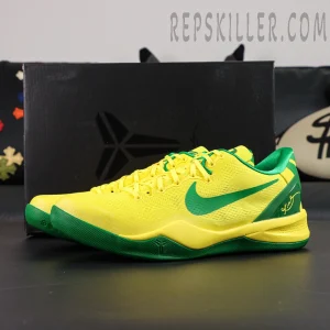 Kobe 8 Protro ‘Oregon Alternate’ PE – Lateral side profile showing bold green Swoosh on yellow mesh upper.