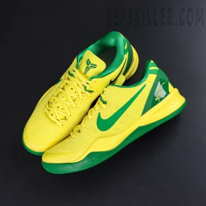 Kobe 8 Protro ‘Oregon Alternate’ PE – Top view of yellow mesh upper with green inner lining and Kobe logo on tongue.