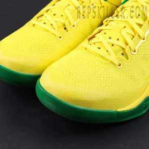 Kobe 8 Protro ‘Oregon Alternate’ PE – Close-up of yellow forefoot mesh and transition to green midsole.