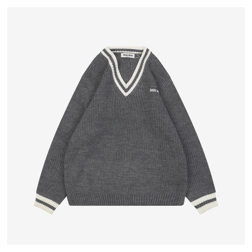 MM Grey/White Logo V-Neck Sweater