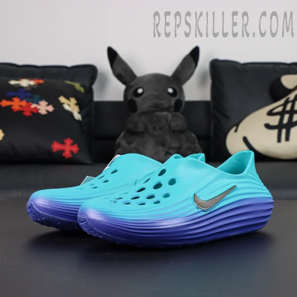 Angled view of the Nike ReactX Rejuven8 ‘Dusty Cactus Persian Violet’, highlighting its aerodynamic silhouette and multi-layered upper construction.