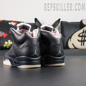 Paris Saint-Germain x Air Jordan 5 Retro ‘Off Noir’ – Angled rear view displaying embroidered black Jumpman on heel and satin collar