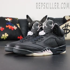 Paris Saint-Germain x Air Jordan 5 Retro ‘Off Noir’ – Quarter front angle showing full silhouette with semi-translucent outsole and silver-pink shark teeth