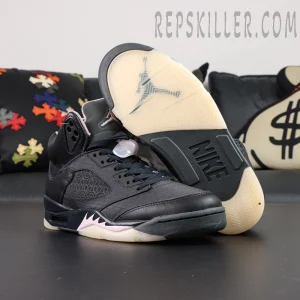 Paris Saint-Germain x Air Jordan 5 Retro ‘Off Noir’ – Sole view displaying translucent outsole with Jumpman logo and black Nike branding