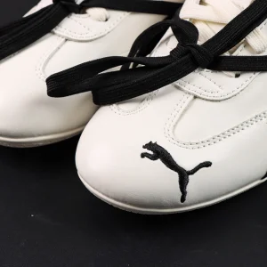 Rosé x Wmns Speedcat Premium ‘Warm White’ toe close-up focusing on black PUMA logo embroidery on white leather