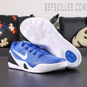 Nike Kobe 9 EM Protro TB ‘Game Royal’ angled pair view showing mesh upper and sculpted outsole traction.