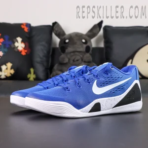 Nike Kobe 9 EM Protro TB ‘Game Royal’ side profile highlighting white Swoosh and black heel counter.