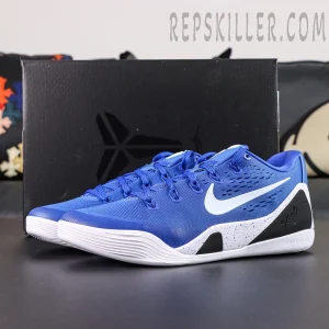 Nike Kobe 9 EM Protro TB ‘Game Royal’ pair display with original Kobe-branded box in background.