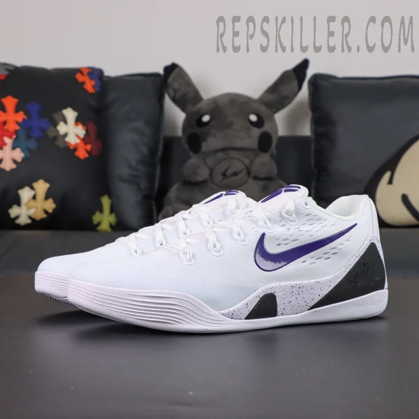 Nike Kobe 9 EM Protro TB ‘Lakers Home’ — Side view highlighting the purple Swoosh and clean white mesh upper.