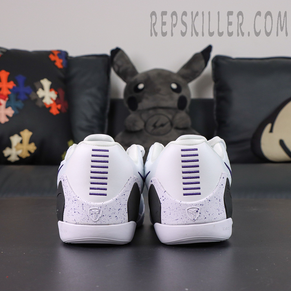 Nike Kobe 9 EM Protro TB ‘Lakers Home’ — Rear heel view showing purple stripe details and Kobe logo at the heel.