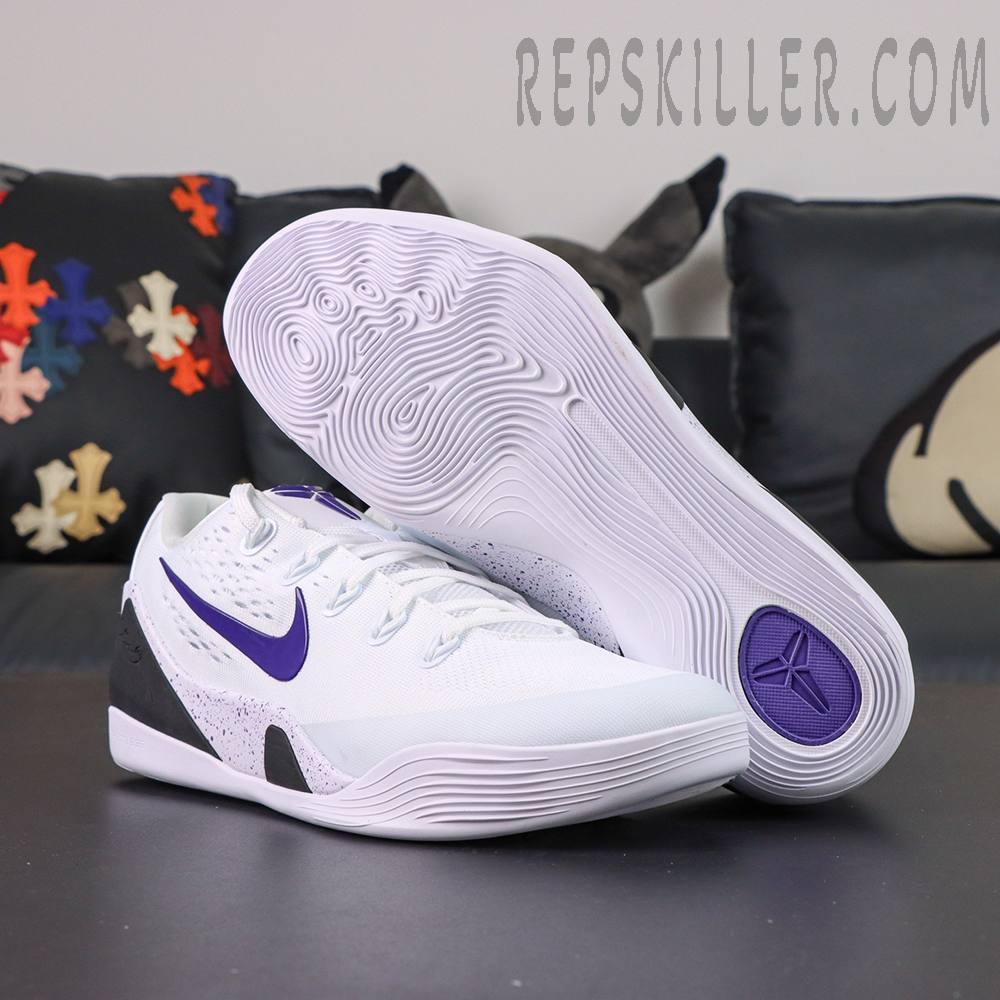 Nike Kobe 9 EM Protro TB ‘Lakers Home’ — Outsole and side design featuring textured sole and purple emblem.
