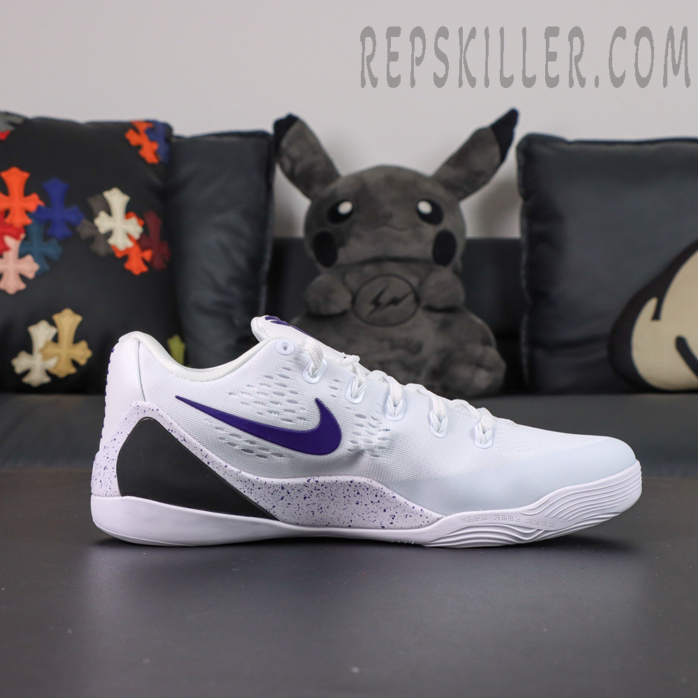 Nike Kobe 9 EM Protro TB ‘Lakers Home’ — Lateral profile emphasizing the purple Swoosh and speckled midsole.