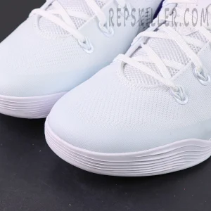 Nike Kobe 9 EM Protro TB ‘Lakers Home’ — Close-up of the white mesh toe box and lacing system.