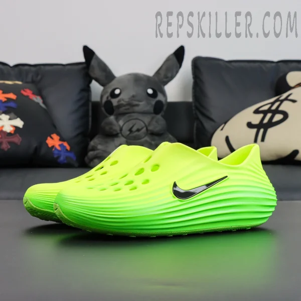 Nike ReactX Rejuven8 ‘Green Strike’ side angle showcasing black Swoosh and wavy foam structure
