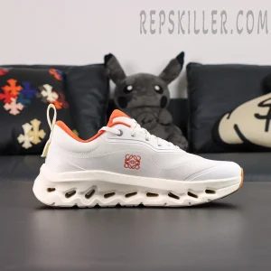 ON Loewe x Cloudtilt 2 ‘White Orange’ side profile showing embossed Loewe logo and perforated midsole.