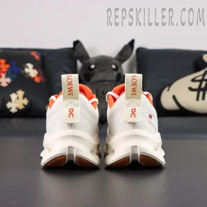 ON Loewe x Cloudtilt 2 ‘White Orange’ back angle view with sculpted heel and gum outsole contrast.