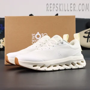 ON Loewe x Cloudtilt 2 ‘All White’ pair display with Loewe x On co-branded box in background.