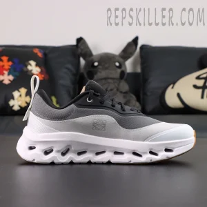 ON Loewe x Cloudtilt 2 ‘Black White’ medial side view highlighting minimalist wave design and embossed logo.