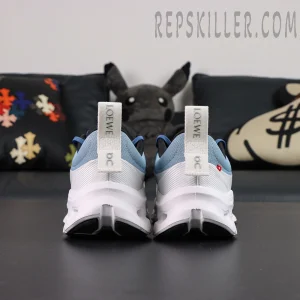 ON Loewe x Cloudtilt 2 ‘Blue White’ rear view showing sculpted heel and integrated pull tabs.