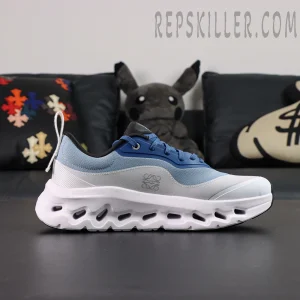 ON Loewe x Cloudtilt 2 ‘Blue White’ lateral side showing embossed Loewe logo and aerodynamic sole.