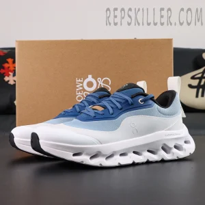 ON Loewe x Cloudtilt 2 ‘Blue White’ pair display with original Loewe x On box in background.