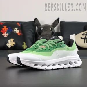 ON Loewe x Cloudtilt 2 ‘Green White’ front display featuring dual-brand logos and vibrant green upper.