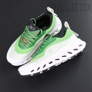 ON Loewe x Cloudtilt 2 ‘Green White’ angled pair view showing layered green mesh and white midsole design.