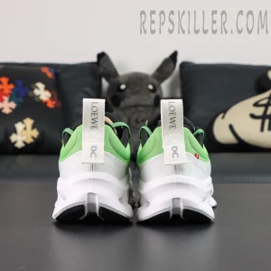 ON Loewe x Cloudtilt 2 ‘Green White’ rear angle showing sculpted heel and thick CloudTec Phase midsole.