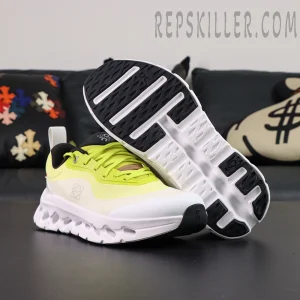 ON Loewe x Cloudtilt 2 ‘Neon Yellow White’ outsole view showcasing segmented black traction pods and CloudTec Phase midsole design.