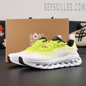 ON Loewe x Cloudtilt 2 ‘Neon Yellow White’ pair display with Loewe x On co-branded box in background.