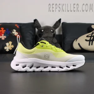 ON Loewe x Cloudtilt 2 ‘Neon Yellow White’ lateral profile revealing wave-cut sole and minimal upper layers.