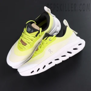 ON Loewe x Cloudtilt 2 ‘Neon Yellow White’ top-down pair view displaying bright yellow laces and layered materials.