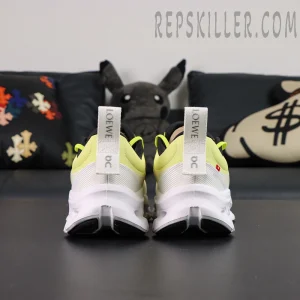ON Loewe x Cloudtilt 2 ‘Neon Yellow White’ back angle view highlighting sculpted heel and white outsole.