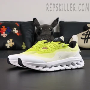 ON Loewe x Cloudtilt 2 ‘Neon Yellow White’ side view highlighting neon mesh upper and embossed Loewe logo.