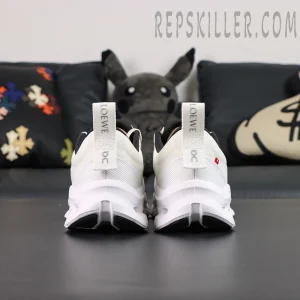 ON Loewe x Cloudtilt 2 ‘Sand White’ rear view displaying LOEWE and On pull tabs in tonal white.