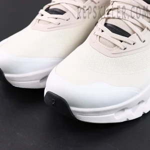 ON Loewe x Cloudtilt 2 ‘Sand White’ close-up of toe box showing layered mesh and smooth overlay texture.