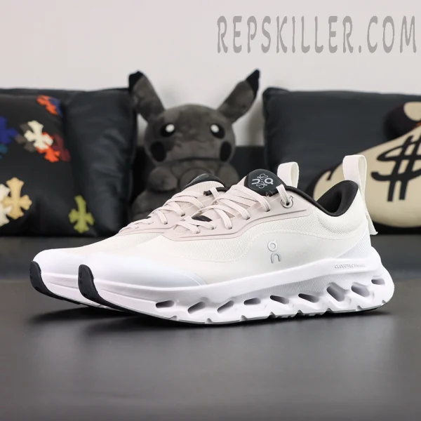 ON Loewe x Cloudtilt 2 ‘Sand White’ angled pair view featuring sculpted midsole and minimalist lines.