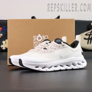 ON Loewe x Cloudtilt 2 ‘Sand White’ pair with Loewe x On co-branded box in background.