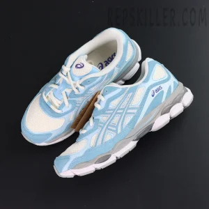 ASICS GEL-NYC “Arctic Sky” sneakers flat lay showing powder blue suede overlays and mesh upper.
