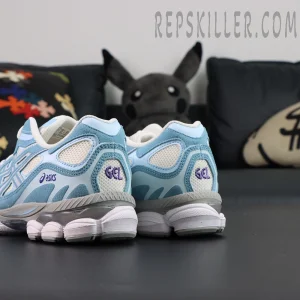 Rear view of ASICS GEL-NYC “Arctic Sky” highlighting GEL cushioning and embroidered purple logo.