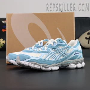 ASICS GEL-NYC “Arctic Sky” with box background, showing light blue and off-white colorway.